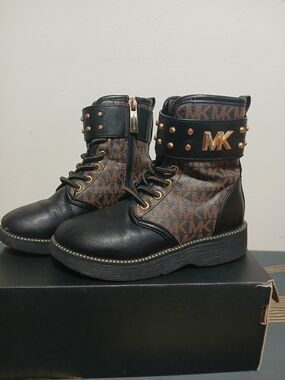 Michael Kors Girls' Black and Brown Logo Combat Boots